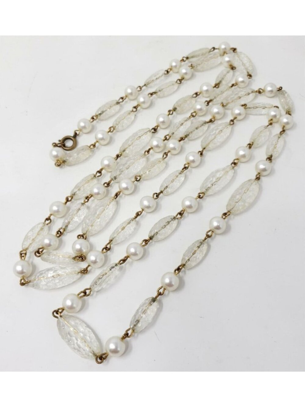 Vintage Clear Pressed Glass Faux Pearl Long 53" Flapper Necklace Wedding Bridal